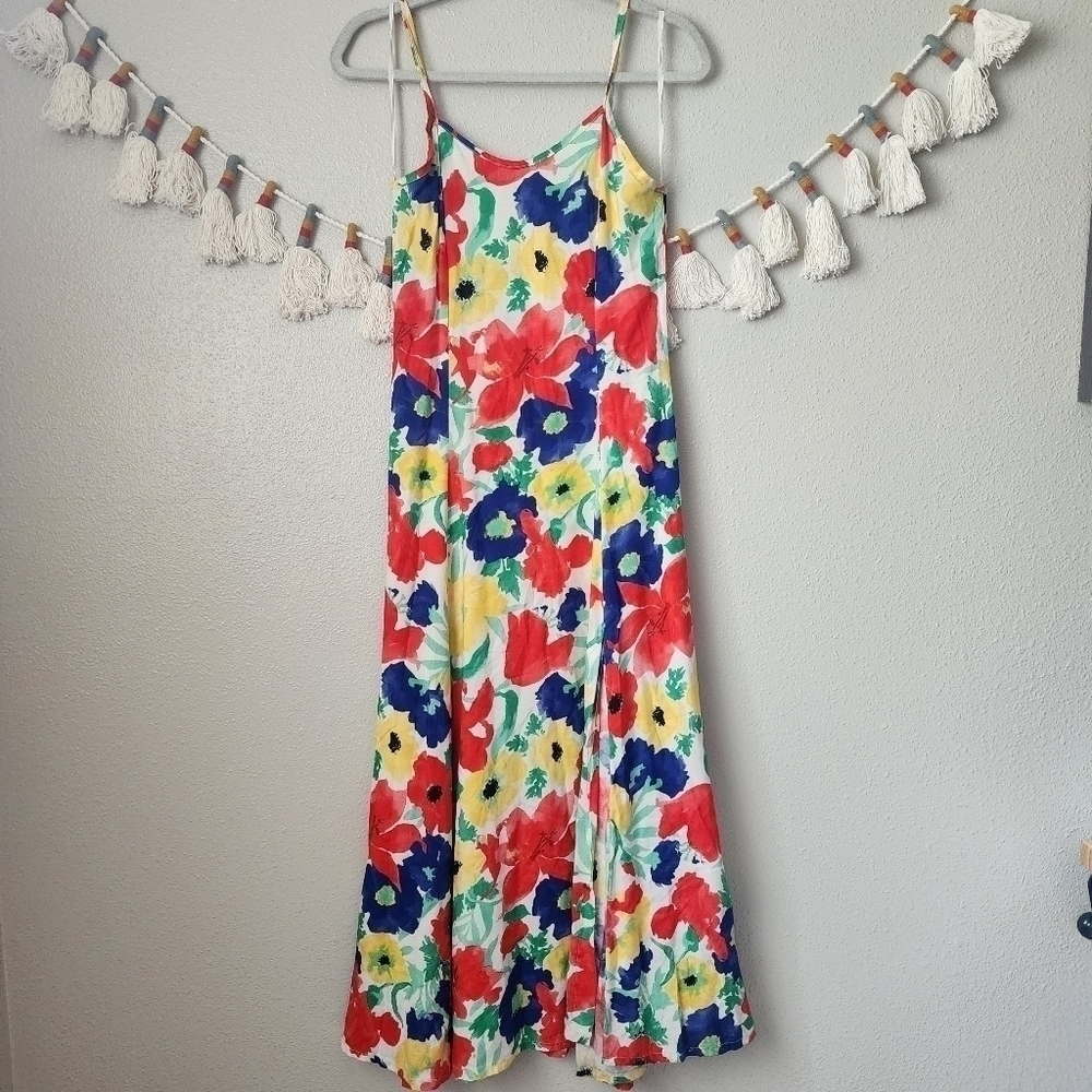 Vintage Floral Red Fit&Flare Slit Sleeveless Midi Slip Dress Artsy Y2k Fairy
